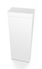 White tall vertical rectangle blank box with cover from top front side angle.
