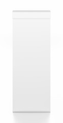 White tall thin vertical rectangle blank box with cover from top front angle.