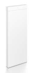 White tall thin vertical rectangle blank box with cover from top front side angle.