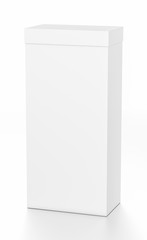 White tall vertical rectangle blank box with cover from top front far side angle.
