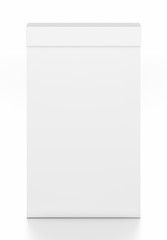 White tall thin vertical rectangle blank box with cover from top front angle.