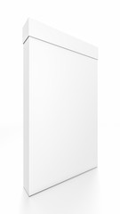 White tall thin vertical rectangle blank box with cover from front side angle.