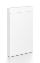 White tall thin vertical rectangle blank box with cover from top front side angle.
