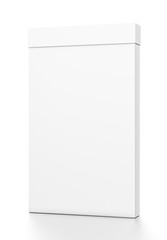White tall thin vertical rectangle blank box with cover from front far side angle.