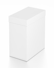 White vertical rectangle blank box with cover from top far side angle.