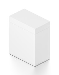 White vertical rectangle blank box with cover from isometric angle.