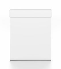 White thin vertical rectangle blank box with cover from top front angle.