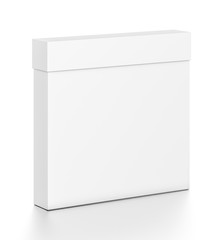 White thin rectangle blank box with cover from top front side angle.