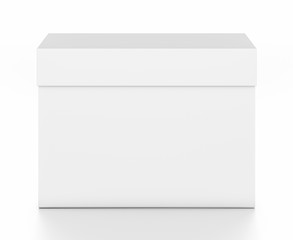 White horizontal rectangle blank box with cover from top front angle.