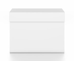 White horizontal rectangle blank box with cover from top front angle.