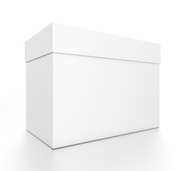 White horizontal rectangle blank box with cover from front side angle.