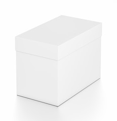 White horizontal rectangle blank box with cover from top far side angle.