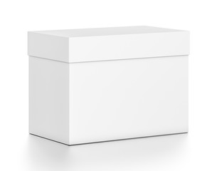White horizontal rectangle blank box with cover from top front side angle.