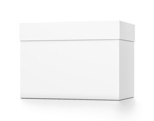 White horizontal rectangle blank box with cover from front far side angle.