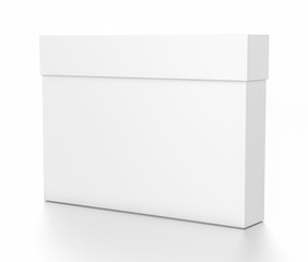 White thin horizontal rectangle blank box with cover from side angle.