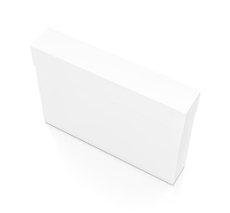 White thin horizontal rectangle blank box with cover from top side angle.