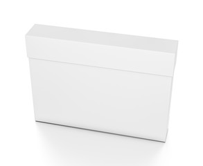 White thin horizontal rectangle blank box with cover from top front side angle.