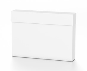 White thin horizontal rectangle blank box with cover from top front far side angle.