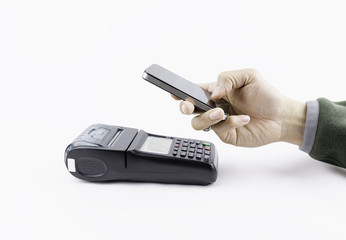 Mobile payment and omnichannel for business money by hand hold mobile pay with terminal on white background.