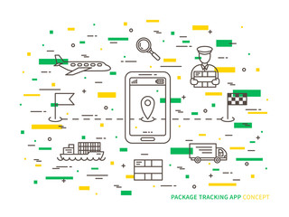 Vector package tracking linear illustration. Parcel tracking (package, global, mobile, app, delivery, box, shipment, online, service) creative concept. Business logistic technology graphic design.