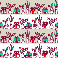 Seamless border with flowers, gift box, vases. Christmas or New Year greeting card. Merry Christmas and Happy New Year