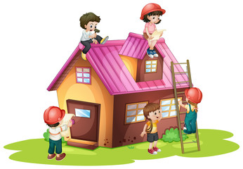 Children fixing and building house