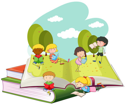 Many children reading books in the park