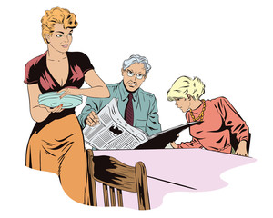 People in retro style. Family going to eat.