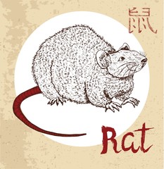 Chinese zodiac symbol of etching rat with hieroglyph