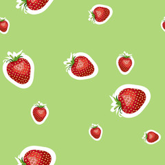 Pattern of realistic image of delicious ripe strawberries different sizes. Lime background