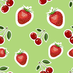 Pattern of realistic image of delicious strawberries and cherry different sizes. Lime background