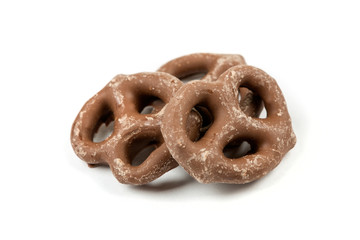Chocolate covered pretzels isolated on white background