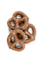 Chocolate covered pretzels isolated on white background