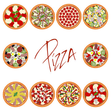 Set with different types of pizzas with various ingredients on white background with handwritten caption. Vector illustration  eps