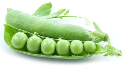 Open pea pod on a white background.