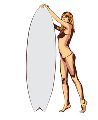 Surf board and young pretty woman bikini