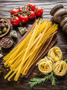 Tomatoes, pasta and spices.