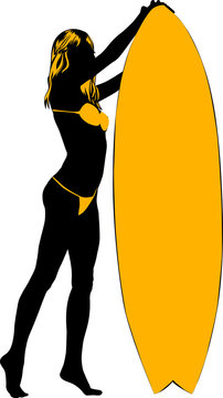 Surf board and young pretty woman bikini