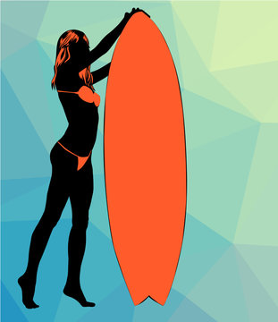 Surf board and young pretty woman bikini polygons