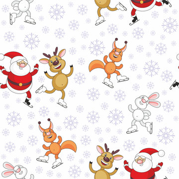 Christmas seamless pattern with the image of funny animals and Santa Claus