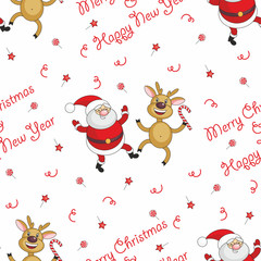 Christmas seamless pattern with the image of funny animals and Santa Claus