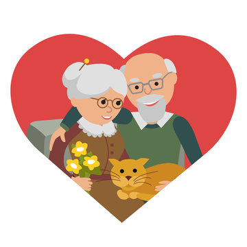 Happy senior man woman family sitting with cat. Vector illustration in heart isolated white background.