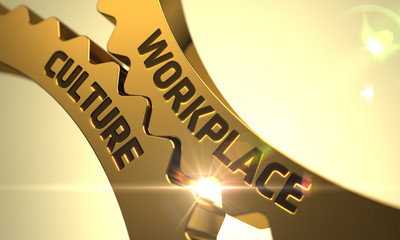 Workplace Culture Concept. Golden Cogwheels. 3D Render.