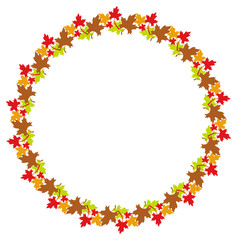 Autumn round frame with colorful maple leaves. Vector clip art.