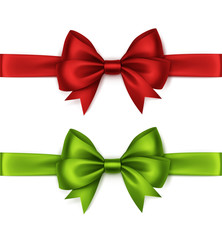 Set of Red Green Bows and Ribbons on Background