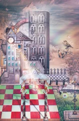 Photo sur Plexiglas Imagination Ancien château gothique dans un paysage fantastique avec arc-en-ciel