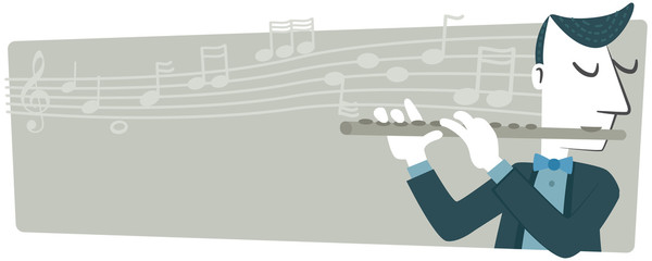 Banner, a musician playing the flute. A banner retro style with a flutist. In the background there is a staff with musical notes. © javieruiz