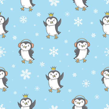 Seamless pattern with cute cartoon penguins. Winter time. White snowflakes. Funny animals. Antarctic birds. Vector contour image. Children's illustration.