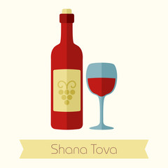 Bottle of wine and glass. Rosh Hashanah icon