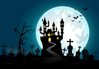Halloween background with haunted house and graveyard